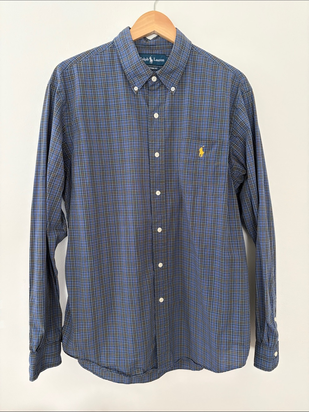 Men’s Polo by Ralph Lauren Blue and Gold Plaid Button-Down Custom Fit Shirt